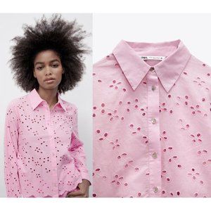 NEW ZARA openwork embroidery pink shirt size XS